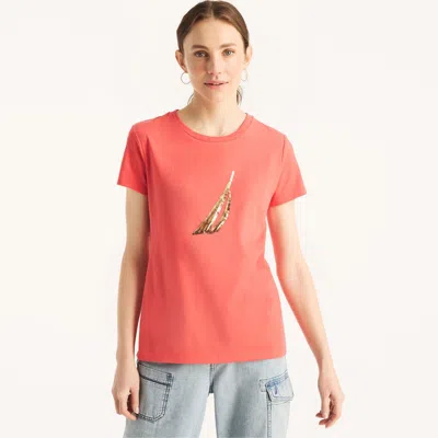 Nautica Womens Sustainably Crafted Sequin J-class Gradient Graphic T-shirt In Pink