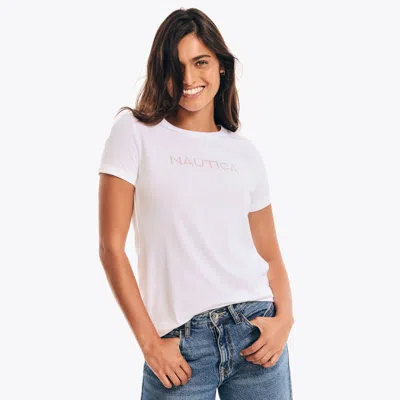 Nautica Womens Sustainably Crafted Studded Logo Crewneck T-shirt In White