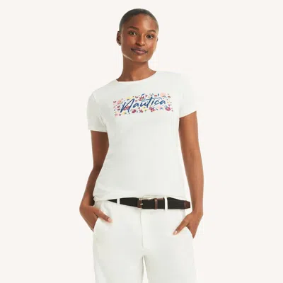 Nautica Womens Winter Flowers Embroidered Graphic T-shirt In White