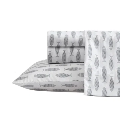 Nautica Woodblock Fish Grey Twin Sheet Set In White