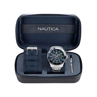 Pre-owned Nautica Wristwatch + Watchband  Napnos304 Chrono Stainless Steel Silicone Blue
