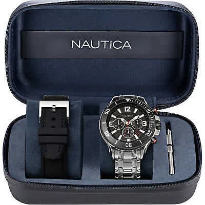 Pre-owned Nautica Wristwatch + Watchband  Napnss124 Chrono Steel Silicone Black