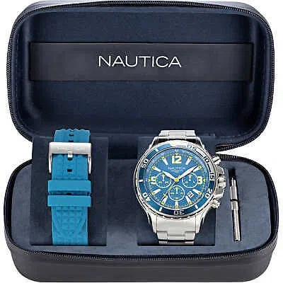 Pre-owned Nautica Wristwatch + Watchband  Napnss219 Chrono Stainless Steel Silicone Blue
