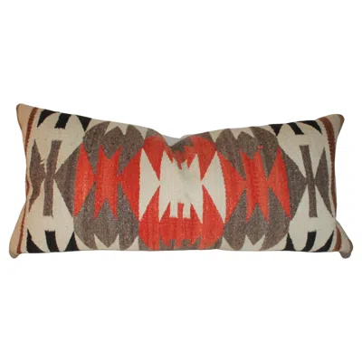 Pre-owned Navajo Indian Saddle Blanket Pillows Navajo Indian Weaving Geometric Bolster Pillow In Brown