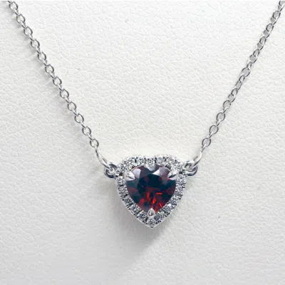 Pre-owned Navid Jewelry Inc 18k White Gold Halo Diamond Red Garnet Heart Shape Pendant Necklace