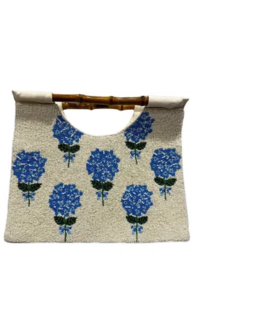 Navy Jane Narragansett Beaded Hydrangea Bag With Bamboo Handles In Cream