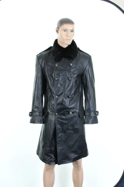 Pre-owned Navy Ww2 Russian Army  Officer Black Leather Coat Genuine Fur Collar In Blue