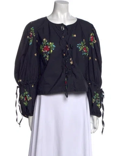 Pre-owned Naya Rea Floral Print Tie Neck Blouse In Blue