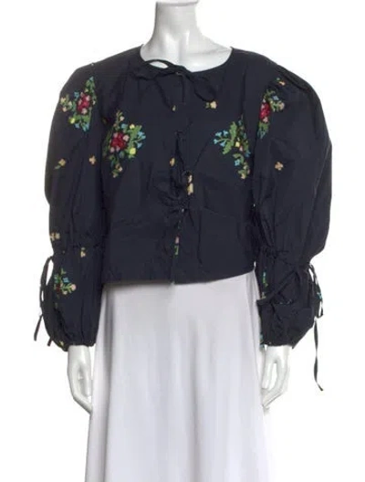 Pre-owned Naya Rea Floral Print Tie Neck Blouse In Blue