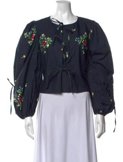 Pre-owned Naya Rea Floral Print Tie Neck Blouse In Blue