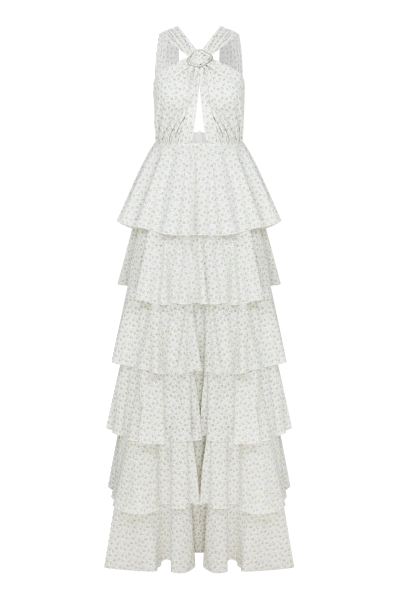 Nazli Ceren Laurel Printed Cotton Long Dress In Cannoli Cream In White