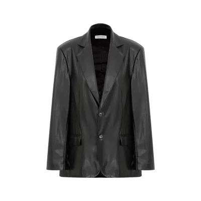 Nazli Ceren Women's Black Boxy Vegan  Leather Blazer