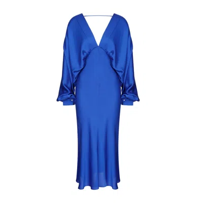 Nazli Ceren Women's Blue Mila V Neck Satin Dress In Sax