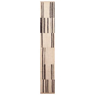 Pre-owned Nazmiyal Collection Primitive Cream And Charcoal Modern Runner Rug 1'10" X 12'9" In White