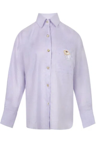 Nb Linen Shirt With Eye On Pocket | Womens Relaxed Fit Long Sleeve | Button Up With Gold Details | Lila