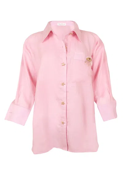 Nb Linen Shirt With Eye On Pocket | Womens Relaxed Fit Long Sleeve | Button Up With Gold Details | Pink