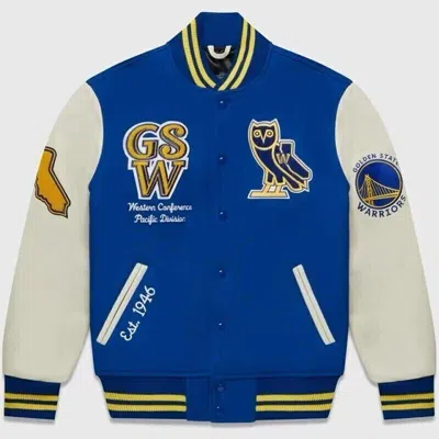 Pre-owned Nba Ovo X  Golden State Warriors Blue Wool And White Leather Varsity Jacket