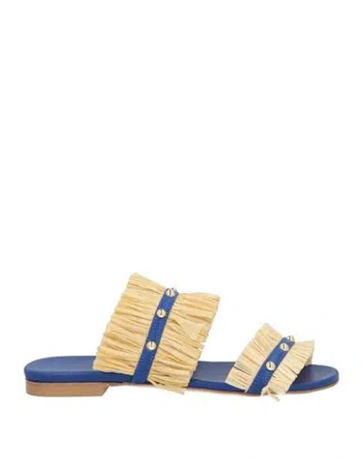 Ncub Woman Sandals Blue Size 6 Natural Raffia, Soft Leather