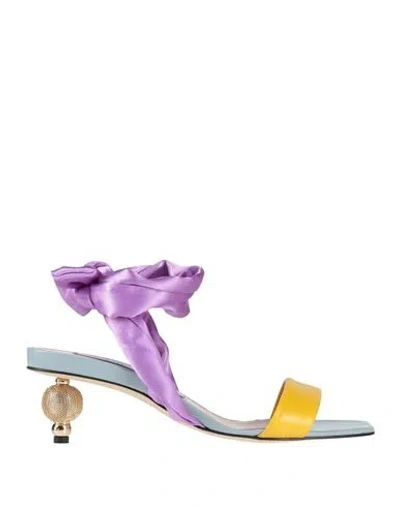 Ncub Woman Sandals Yellow Size 10 Calfskin, Textile Fibers