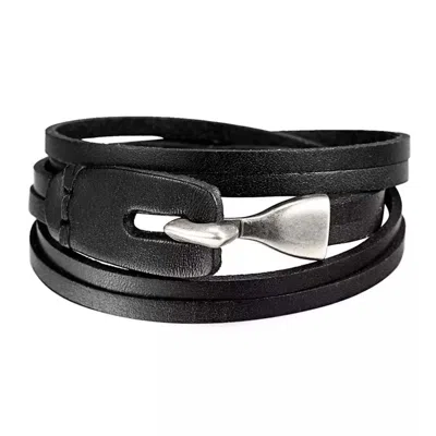 N'damus London Men's Black Multilayer Leather Bracelet With Hook Closure In Gray
