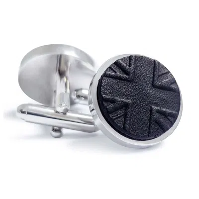 N'damus London Men's Black / Silver Coronation Regent Black Leather Rhodium Cufflinks In Metallic