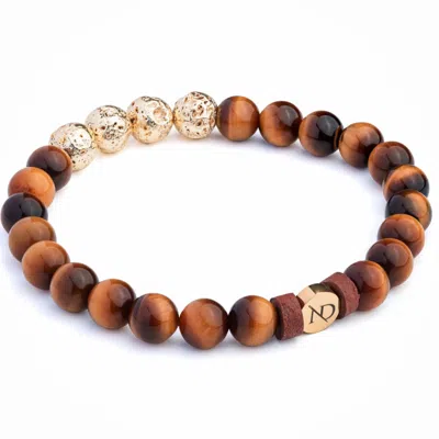 N'damus London Men's Brown Leather & Gold Beaded Tigers Eye Gemstone Bracelet