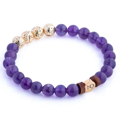 N'damus London Men's Leather, Purple Amethyst & Gold Gemstone Beaded Bracelet