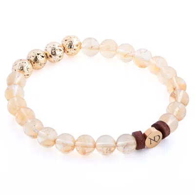 N'damus London Men's Orange Leather, Golden Yellow Citrine & Gold Gemstone Beaded Bracelet