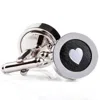 N'damus London Men's Silver / Black Regent Black Leather Silver Heart Cufflinks