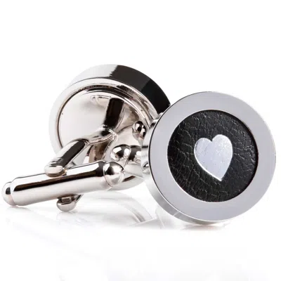 N'damus London Men's Silver / Black Regent Black Leather Silver Heart Cufflinks