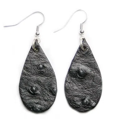N'damus London Women's Auricle Black Ostrich Print Leather Earrings