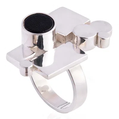 N'damus London Women's Black / Silver Ada Sterling Silver & Black Leather Ring