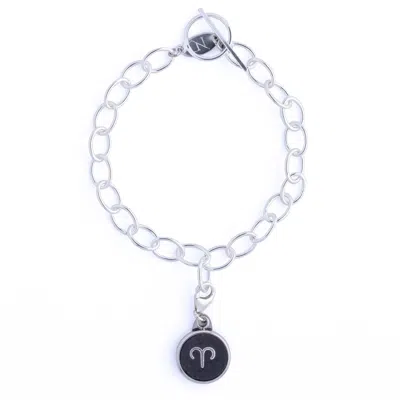 N'damus London Women's Silver / Black Aries Zodiac Sterling Silver & Leather Curb Bracelet