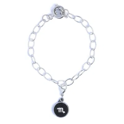 N'damus London Women's Silver / Black Scorpio Zodiac Sterling Silver & Leather Curb Bracelet In Multi