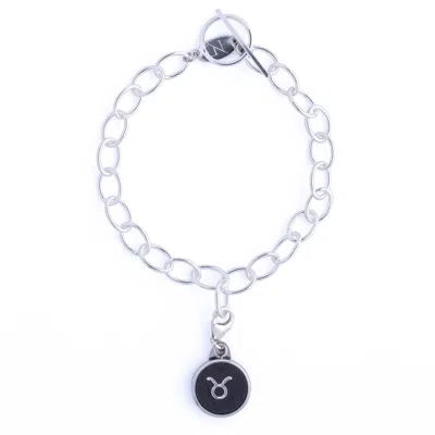 N'damus London Women's Silver / Black Taurus Zodiac Sterling Silver & Leather Curb Bracelet