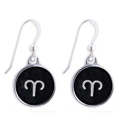 N'damus London Women's Silver / Black Zodiac Aries Black Leather & Silver Earrings