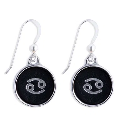 N'damus London Women's Silver / Black Zodiac Cancer Black Leather & Silver Earrings