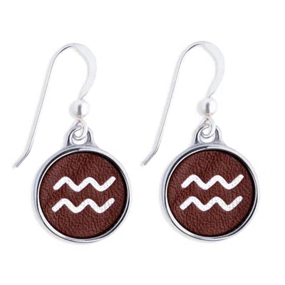N'damus London Women's Silver / Brown Zodiac Aquarius Brown Leather Earrings
