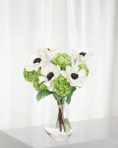 Ndi Faux Anemone Snowball Floral Arrangement In Metal Planter In Green