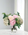 Ndi Faux Peony And Hydrangea Arrangement In Glass Planter In Pink