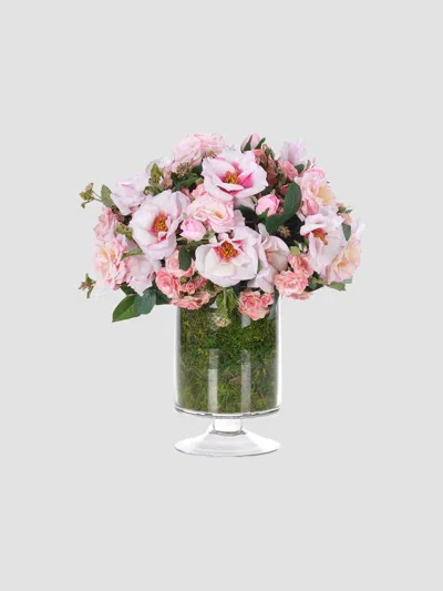 Ndi Faux Rose Arrangement With Moss In Glass Footed Vase In Pink