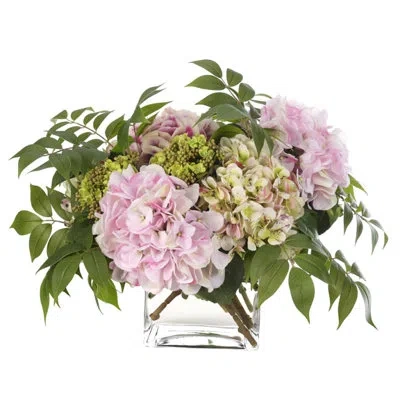 Ndi Hydrangea, Pink Green, Glass Cube, 22wx18dx14h
