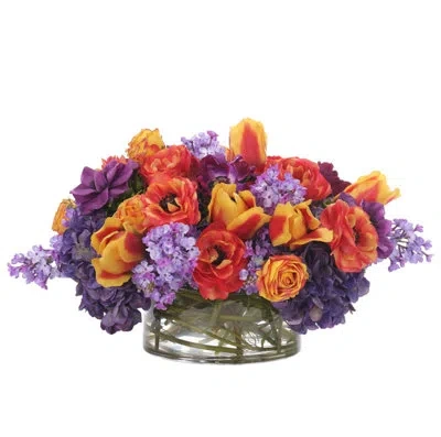 Ndi Hydrangea Ranunculus, Purple Orange, Glass Bowl, 24wx23dx12h