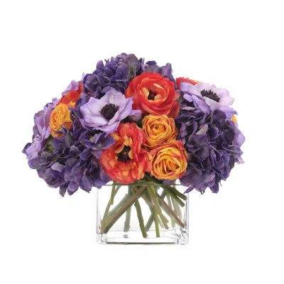 Ndi Hydrangea Ranunculus, Purple Orange, Glass Cube, 13wx13dx11h