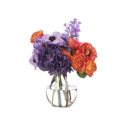 Ndi Hydrangea Ranunculus, Purple Orange, Glass Vase, 15wx12dx17h