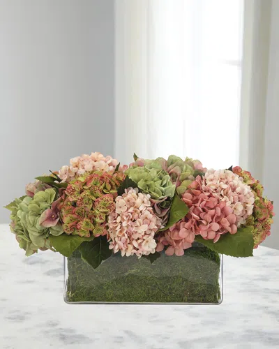Ndi Hydrangeas 21" Faux Floral Arrangement In A Moss Glass Rectangle