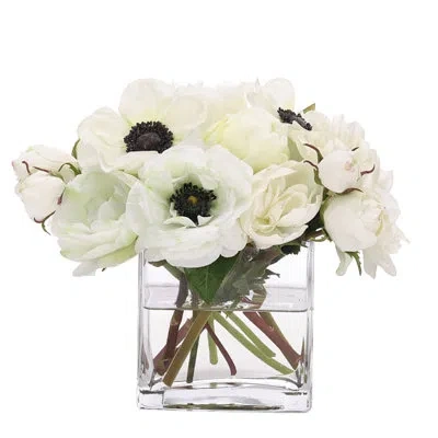 Ndi Peony Rose, White, Glass Cube, 10wx9hx8h