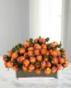 Ndi Pink Roses With Moss Garden 14" Faux Floral Arrangement In Glass Rectangle In Orange