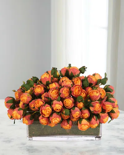 Ndi Pink Roses With Moss Garden 14" Faux Floral Arrangement In Glass Rectangle In Orange