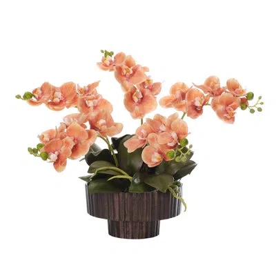 Ndi Real-touch Orchid Phalaenopsis, Orange, Bronze Metal Bowl, 2